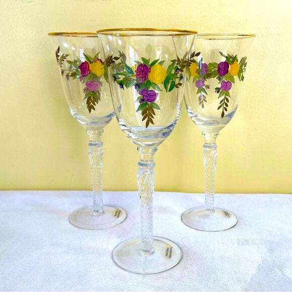 3 Royal Albert Old Country Roses 8 5/8" Hand Painted Wine Glasses, Water Goblets - Picture 1 of 11